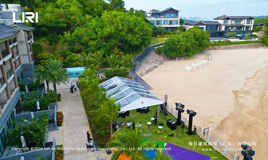 Temporary transparent party tent by Liri Tent for Rolls Royce dinner event on island coast